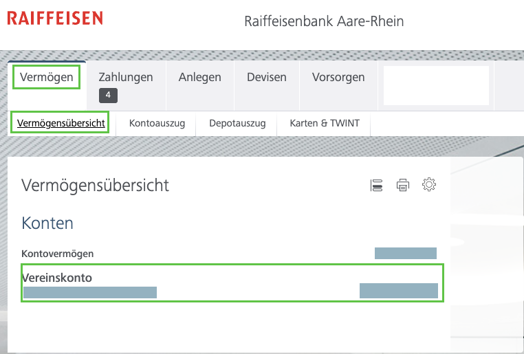 Vermögensübersicht im E-Banking mit dem Vereinskonto