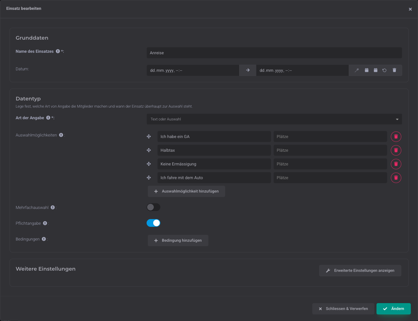 Modification d'une mission avec la section Type de données, les options, Sélection multiple et Indication obligatoire