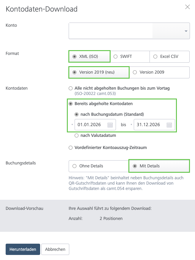 Kontodaten-Download-Dialog mit bereits abgeholten Kontodaten für den Zeitraum eines ganzen Jahres