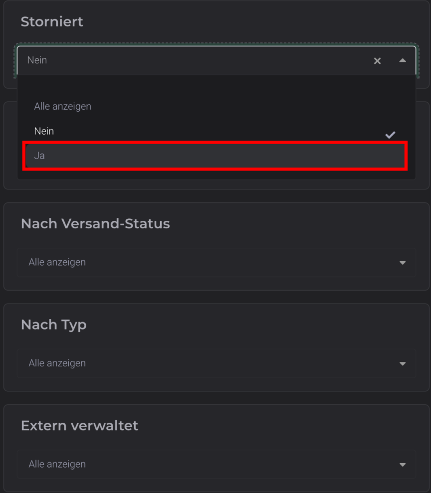 Stornierte Rechnungen filtern