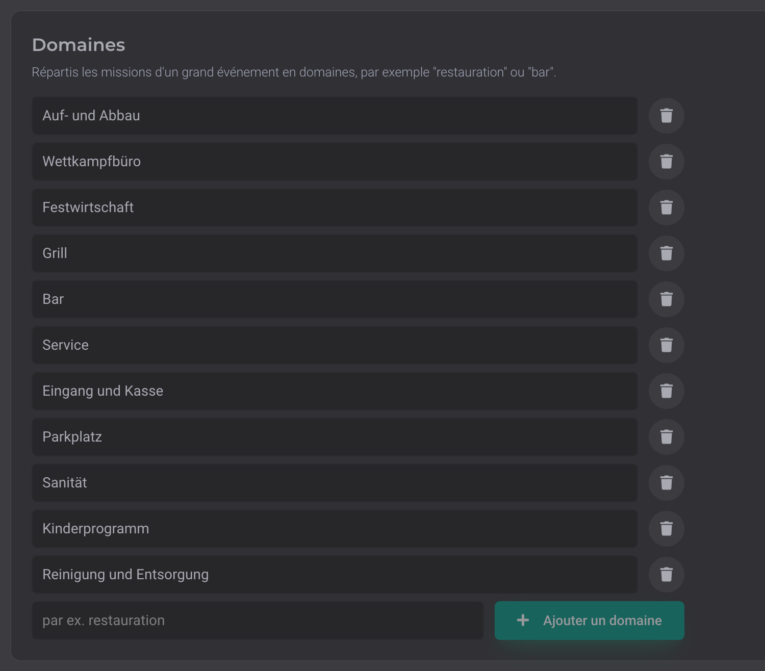 Étape Missions avec la liste des secteurs d'une fête de gymnastique