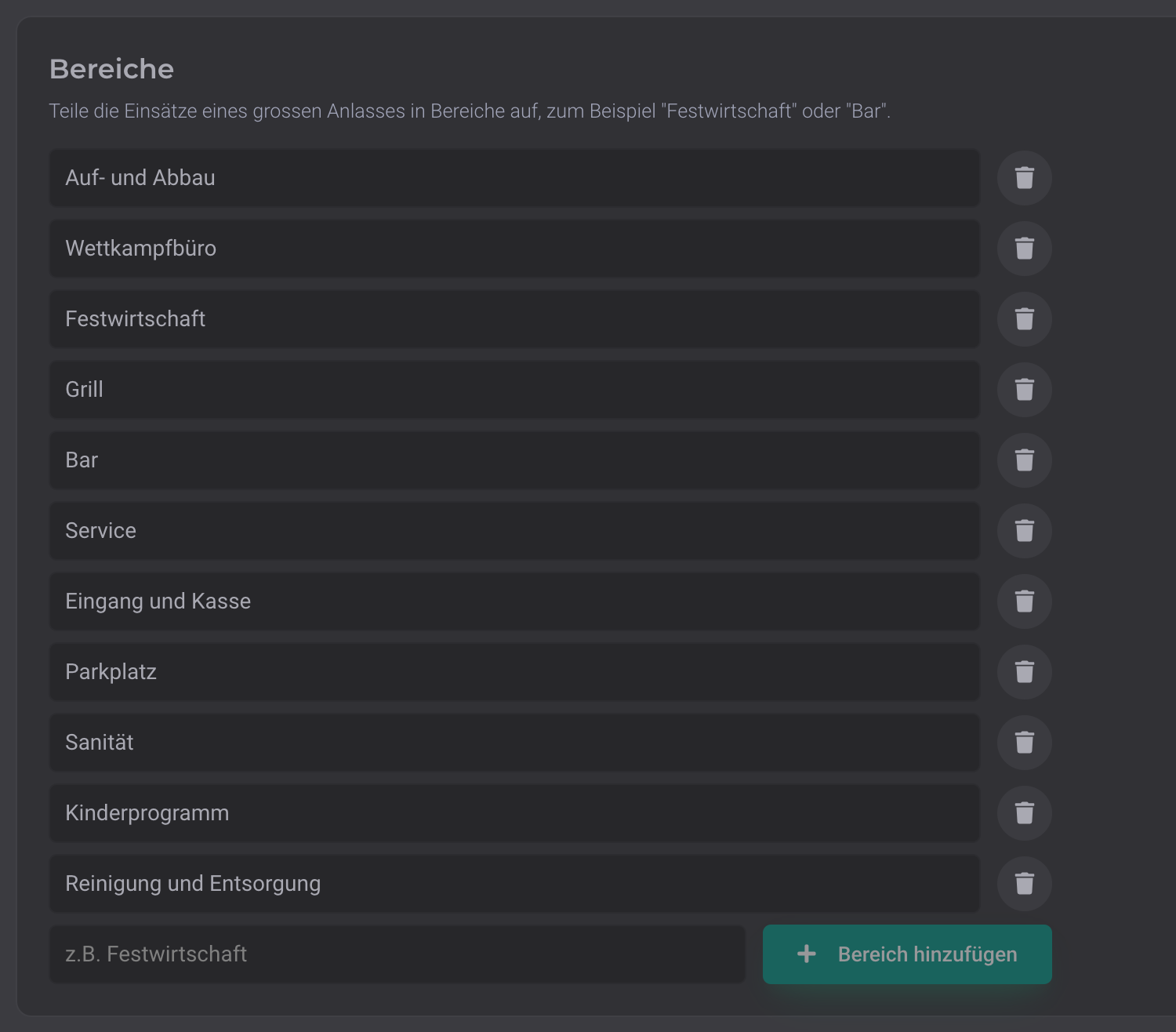 Wizard-Schritt Einsätze mit der Liste der Bereiche eines Turnfests