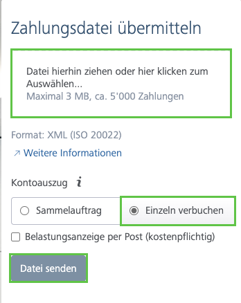 Zahlungsdatei im E-Banking übermitteln mit der Option Einzeln verbuchen