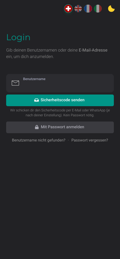 Page de connexion de DigitalMembers avec le champ Nom d’utilisateur, le bouton Envoyer le code de sécurité et les liens Nom d’utilisateur introuvable et Définir ou modifier ton mot de passe