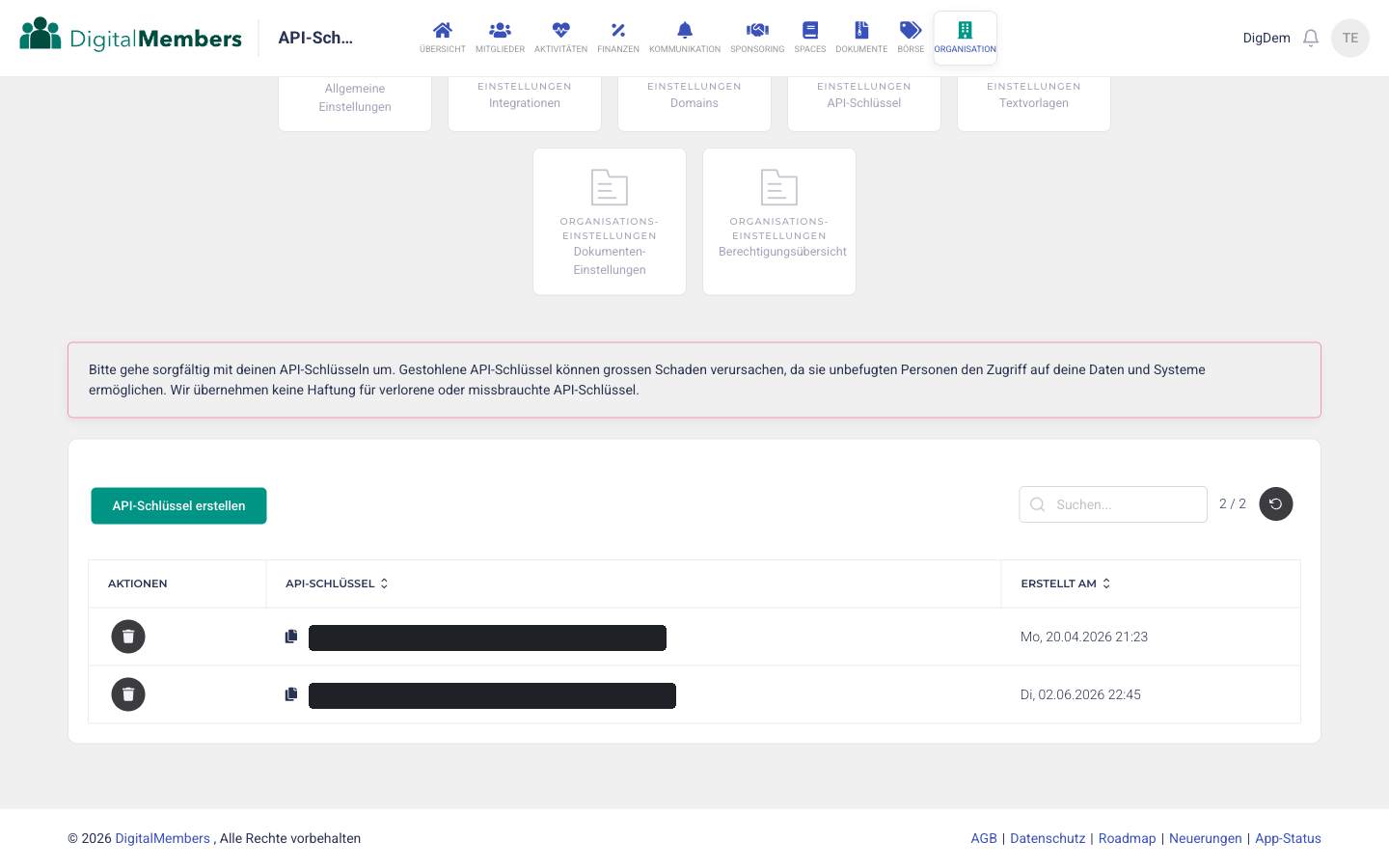 Übersicht aller API-Schlüssel mit Erstellungsdatum
