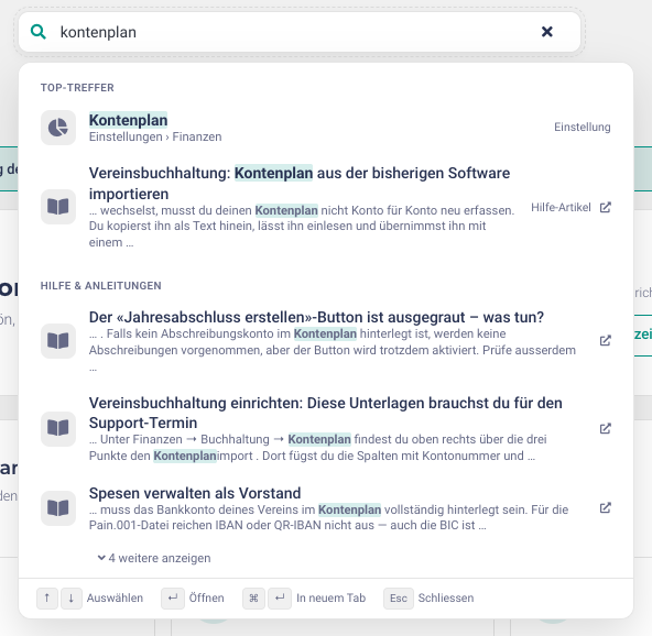 Suche nach Kontenplan mit der Einstellung als Top-Treffer und passenden Hilfe-Artikeln