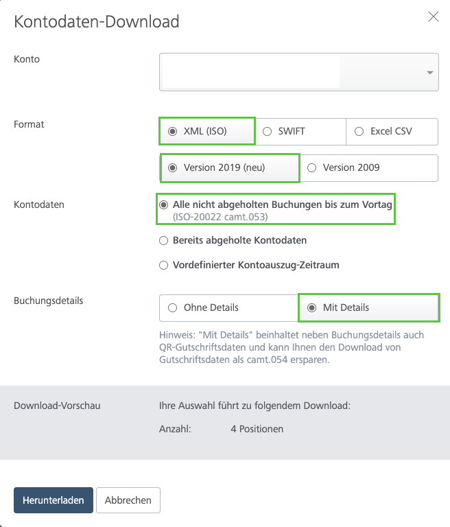 Kontodaten-Download-Dialog mit der Option Alle nicht abgeholten Buchungen bis zum Vortag