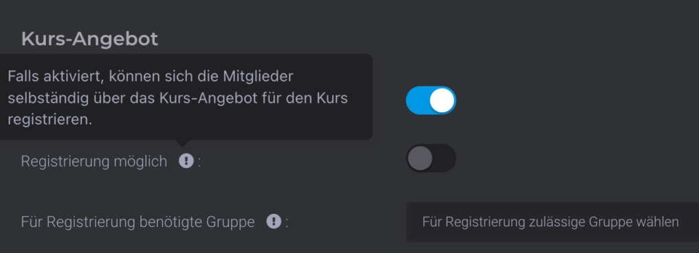 Kurs-Registrierung Ansicht für Mitglieder