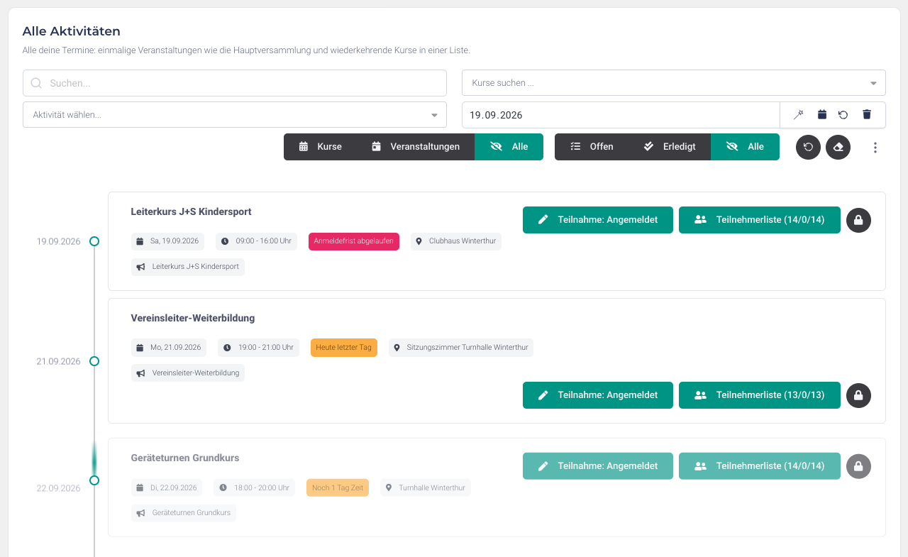 Liste des activités d’un membre avec le statut et le délai d’inscription pour chaque événement